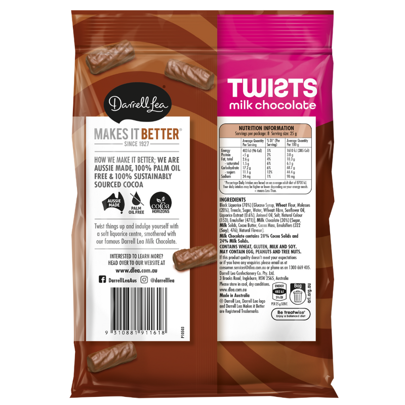 Darrell Lea Liquorice Twists Coated in Milk Chocolate NK 200g