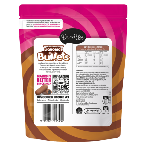 Darrell Lea Milk Chocolate Liquorice Bullets NK 204g