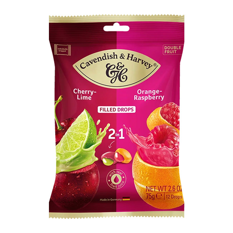 Cavendish & Harvey DROPS Cherry with Lime Filling & Orange with Raspberry Filling Bag NK 75g