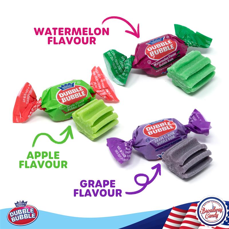 Dubble Bubble 3 Flavours Twist 1kg Bag | Three Fruity Flavours - Grape, Watermelon & Apple | Individually Wrapped Bubble Gum