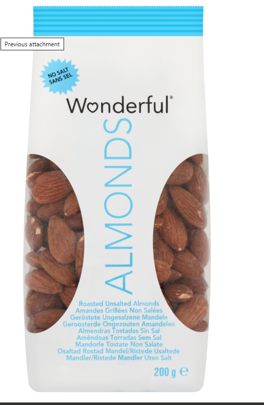 Wonderful Nuts Roasted No Salt Almonds  200g
