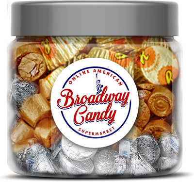 Hershey's Kisses, Reese's Mini Cups & Rolos - Gold & Silver Jar 500g (Approx. 70 Pieces) by Broadway Candy