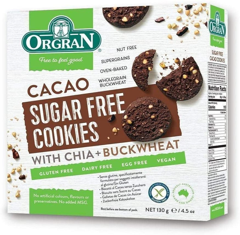 Orgran Sugar Free Cacao Cookies 130g | With Chia & Buckwheat